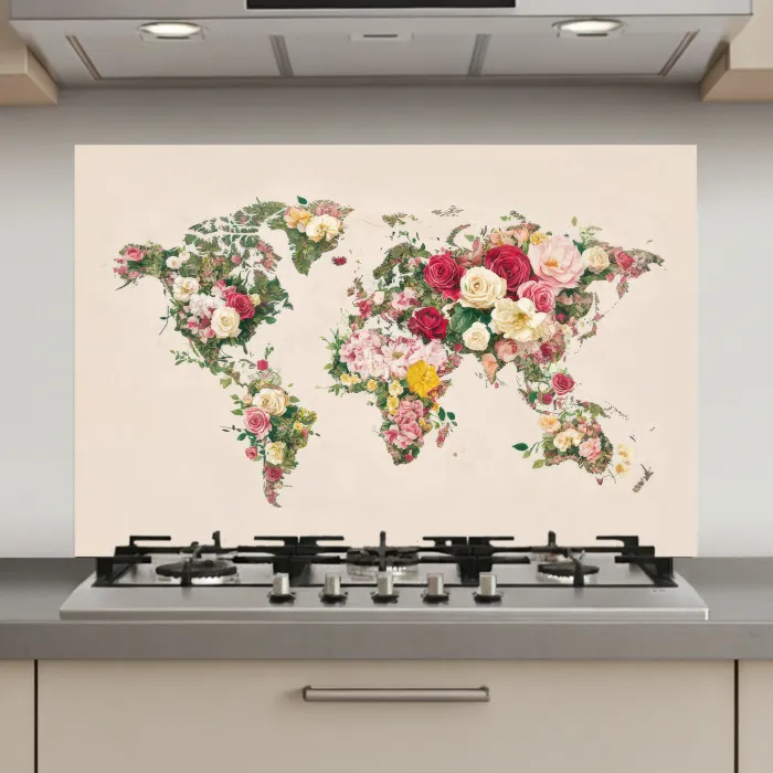 Wereldkaart - Bloemen - Roze keuken achterwand spatscherm klein -3d_website