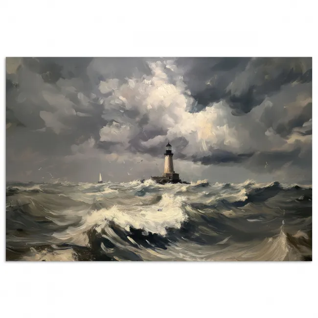 Vuurtoren - Golven - Storm poster papier klein -3d
