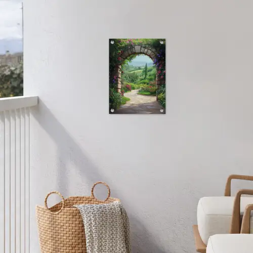 Doorkijk - Landschap - Bloemen - Pad - Uitzicht tuinposter los doek klein -sfeer8
