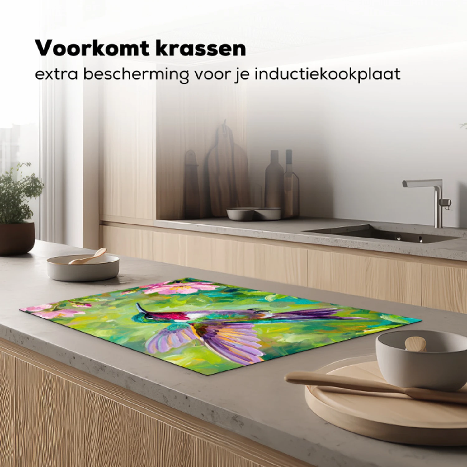 Kolibrie - Bloemen - Natuur - Kleurrijk Inductie beschermer vinyl 3mm klein -sfeer1