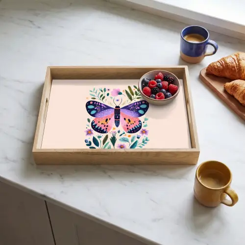 Bloemen - Bladeren - Vlinder - Kleurrijk Dienblad Rechthoek middel -sfeer2