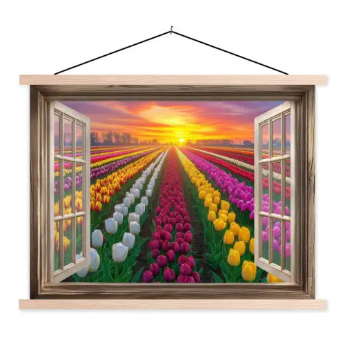 Doorkijk - Bloemen - Tulpen - Kleurrijk - Zonsondergang textielposter latten blank klein -3d