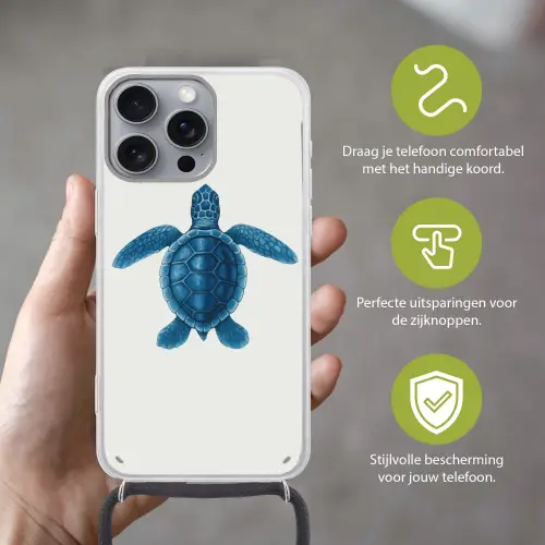 Schildpad - Blauw - Schild Hoesje iPhone 16 Pro Max met koord klein -sfeer2_NL