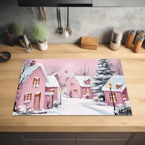 Kerstdorp - Roze - Winter - Sneeuw - Huizen Inductie beschermer vinyl 3mm klein -sfeer5