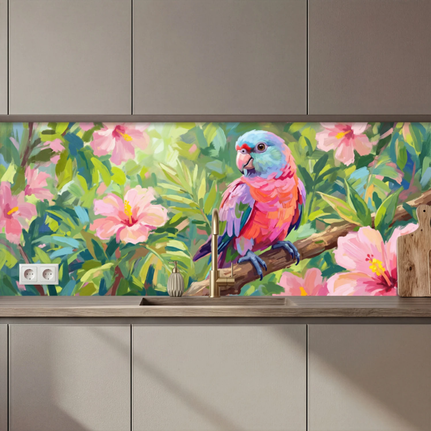 Papagaai - Hibiscusbloemen - Kleurrijk keuken achterwand 2 middel zz_3dshopping