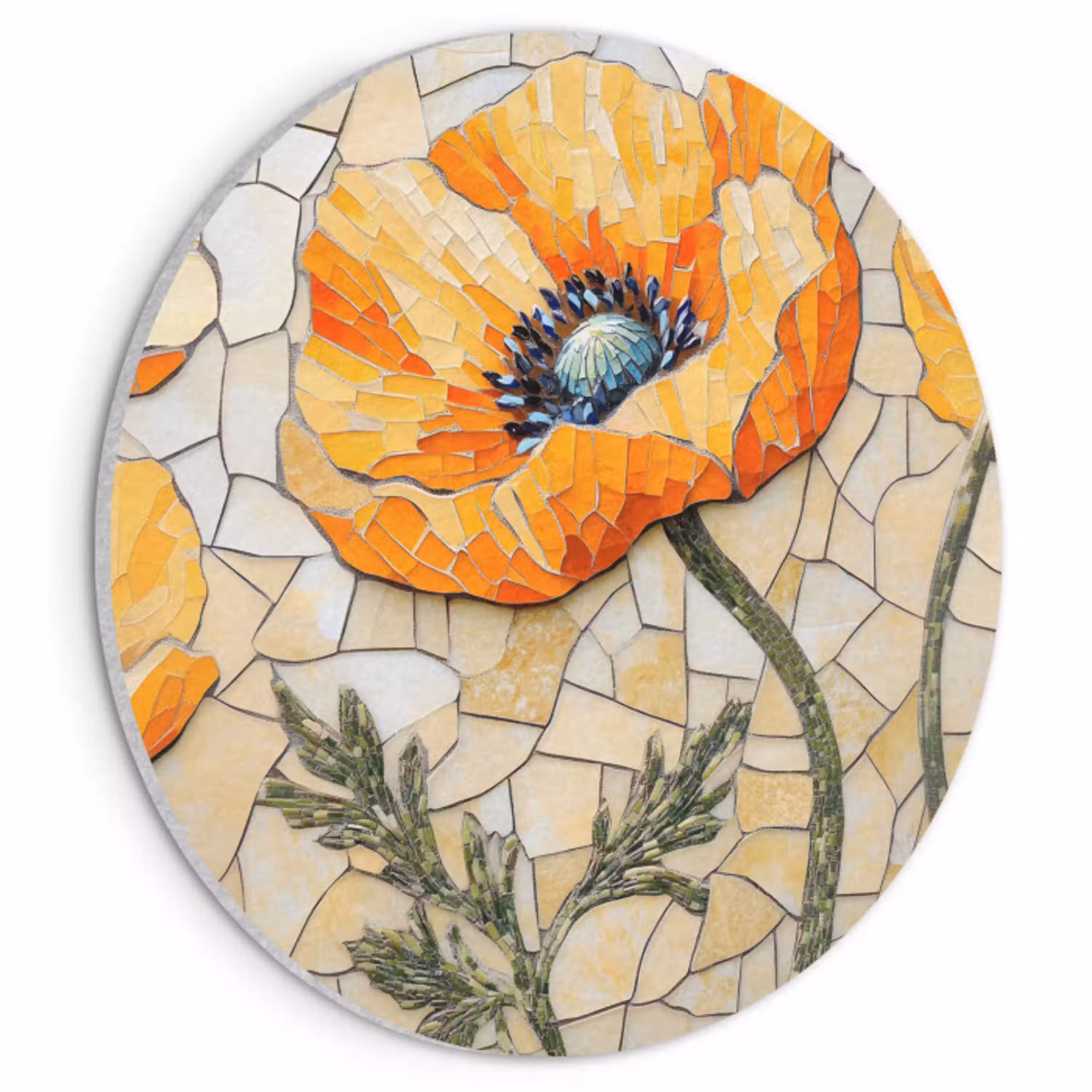 Klaprozen - Oranje - Mozaïek - Bladeren Akoestische PET Vilt - Rond klein -3d