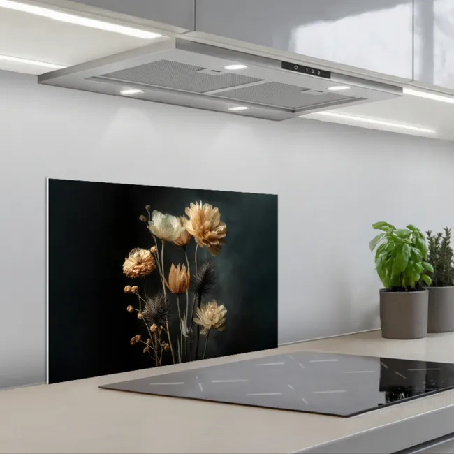 Boeket - Bloemen - Licht - Zwart keuken achterwand spatscherm klein -3d_schuin