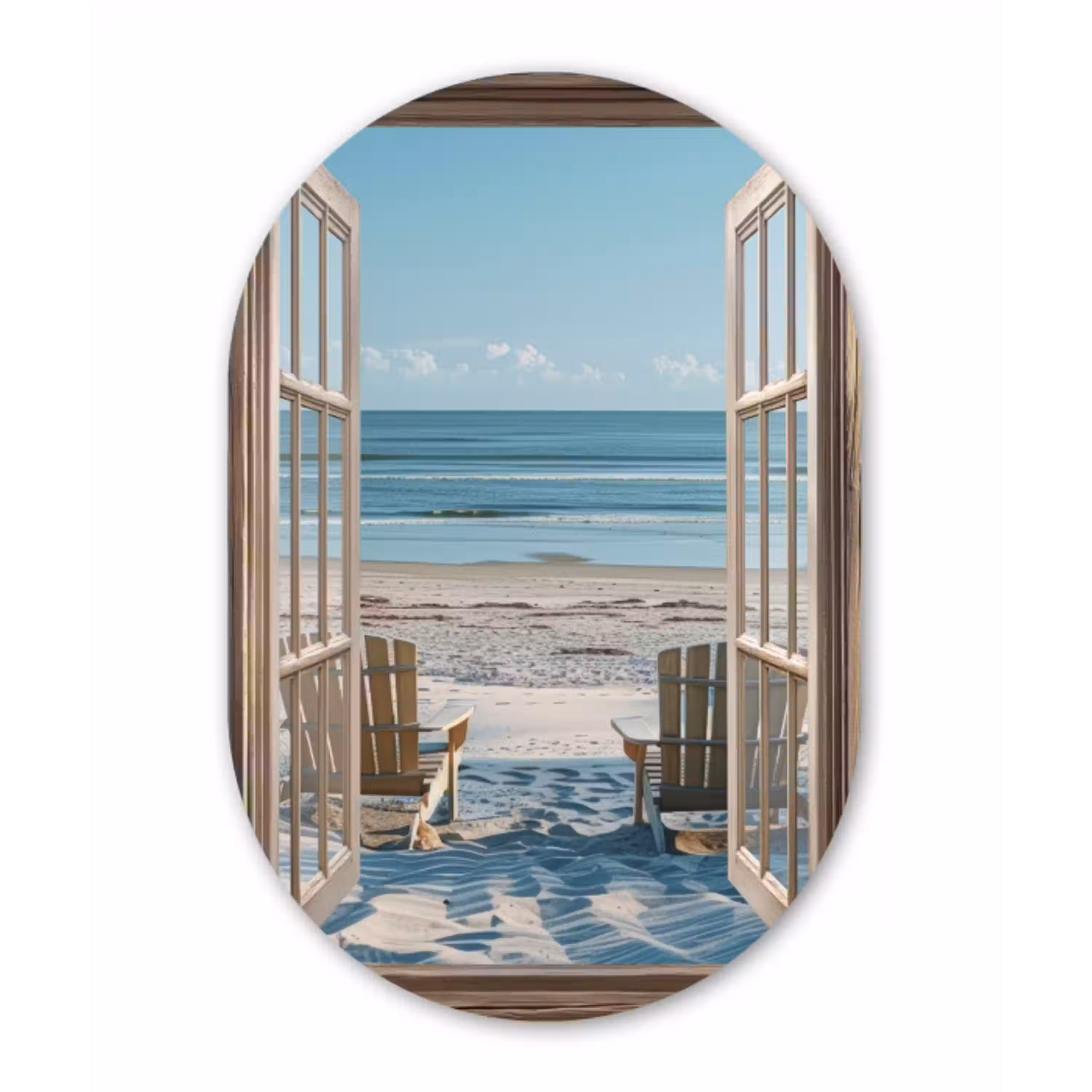 Doorkijk - Strandstoelen - Duinen - Zee - Natuur Wandcirkel Ovaal Glas middel -3d