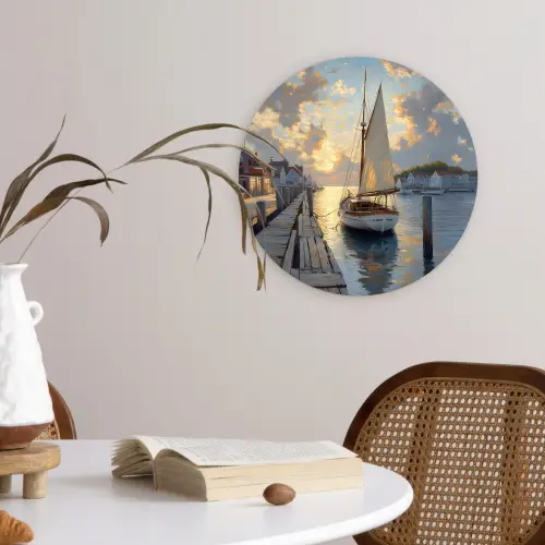 Zeilboot - Zon - Pier - Hout Wandcirkel plexiglas klein -sfeer4