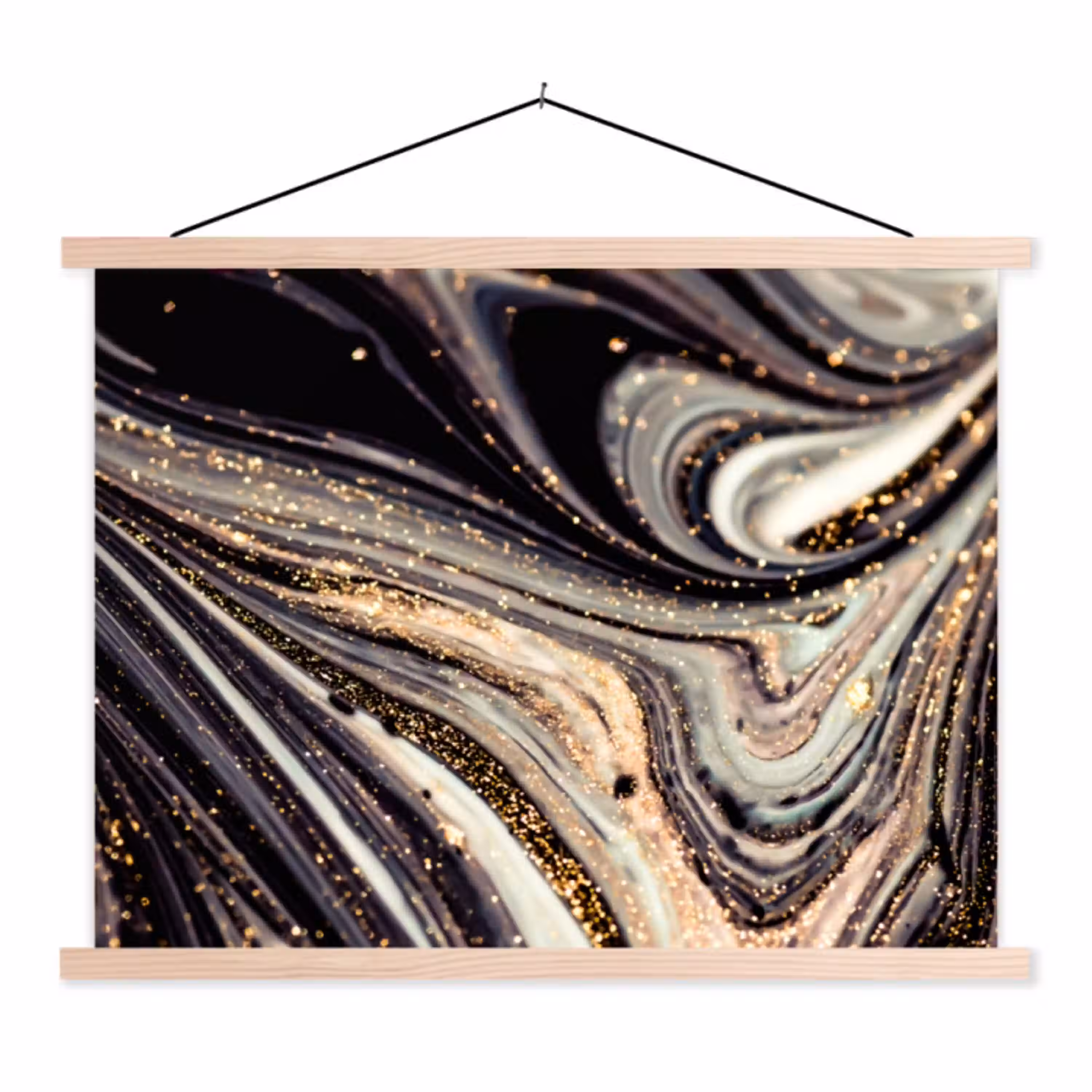 Marmerlook - Zwart - Goud - Wit - Glitter - Marmer textielposter latten blank klein -3d
