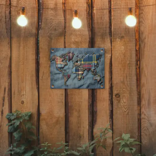 Wereldkaart - Denim - Textiel tuinposter los doek klein -sfeer1