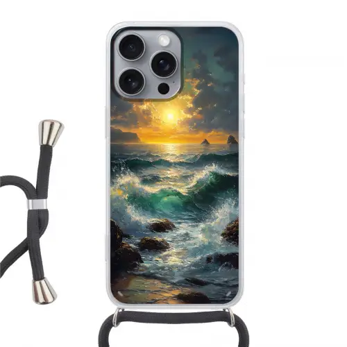 Zee - Zon - Golven - Rotsen Hoesje iPhone 16 Pro Max met koord klein -3d