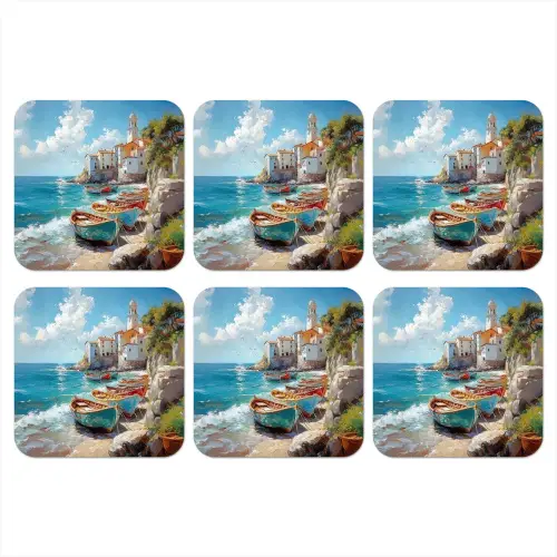 Boten - Rotsen - Zee - Zon onderzetter kurk middel -3d