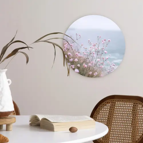 Klif - Bloemen - Zee - Roze Wandcirkel plexiglas klein -sfeer4