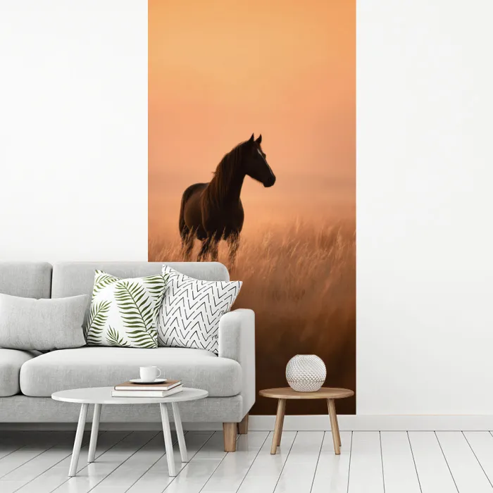 Paard - Grasveld - Zonsondergang fotobehang vinyl groot -woonkamer