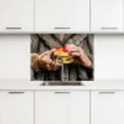 Vrouw - Hamburger - Bontjas keuken achterwand 2 middel -3d