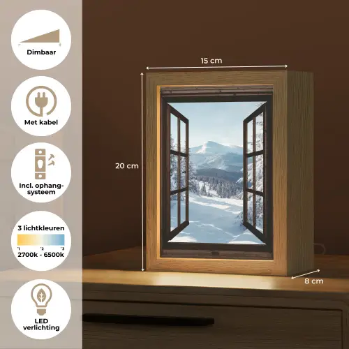 Winter - Landschap - Natuur - Berg - Bomen - Doorkijk - Uitzicht Light Box met kabel (Tafellamp) klein -USP_NL
