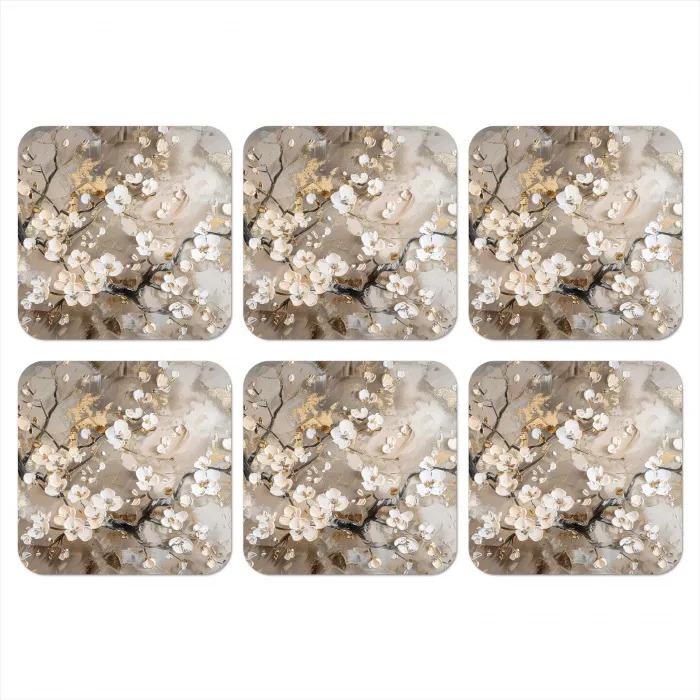 Bloemen - Wit - Goud - Beige  - Luxe onderzetter kurk middel -3d