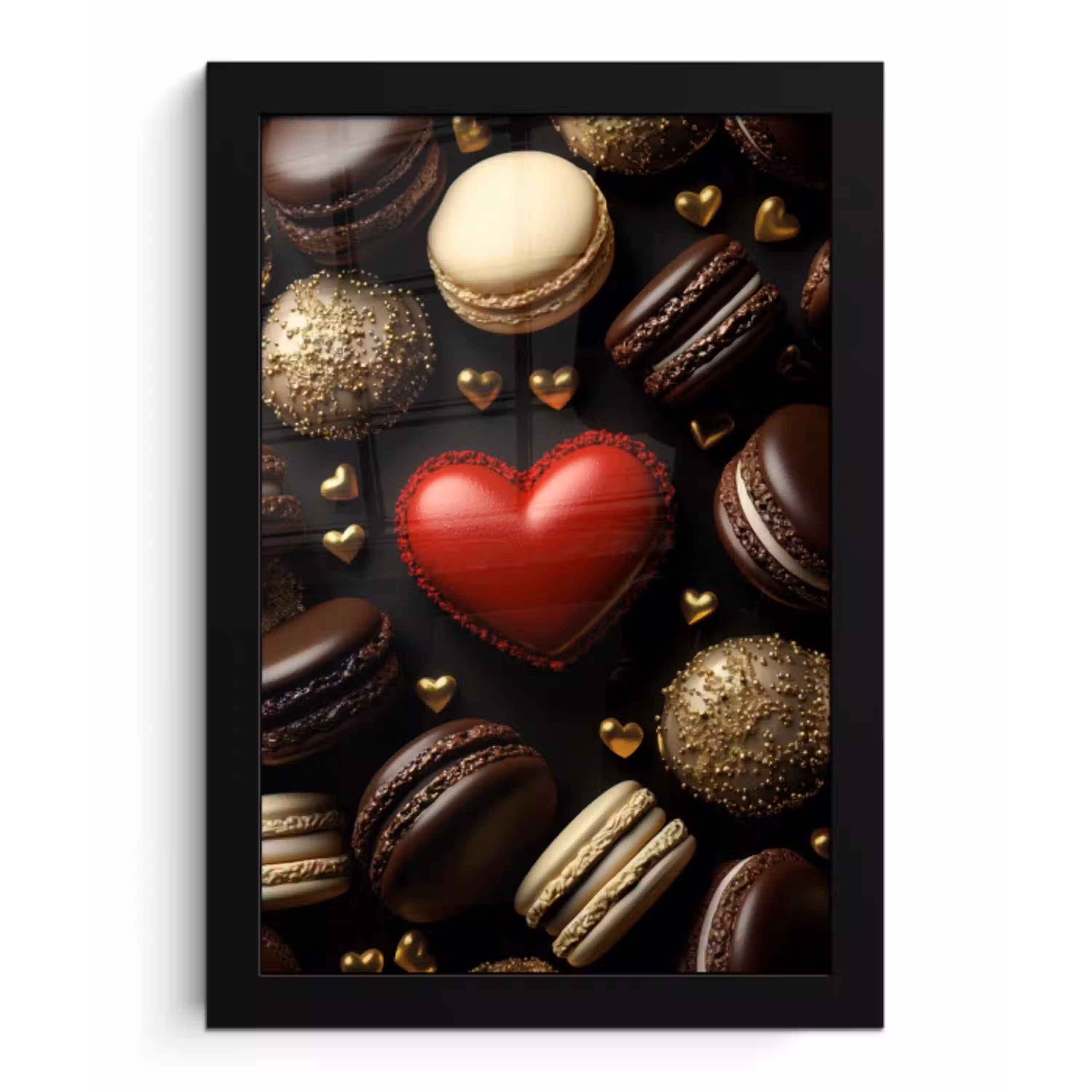 Macarons - Rood - Hart fotolijst zwart zonder passe partout klein -3d