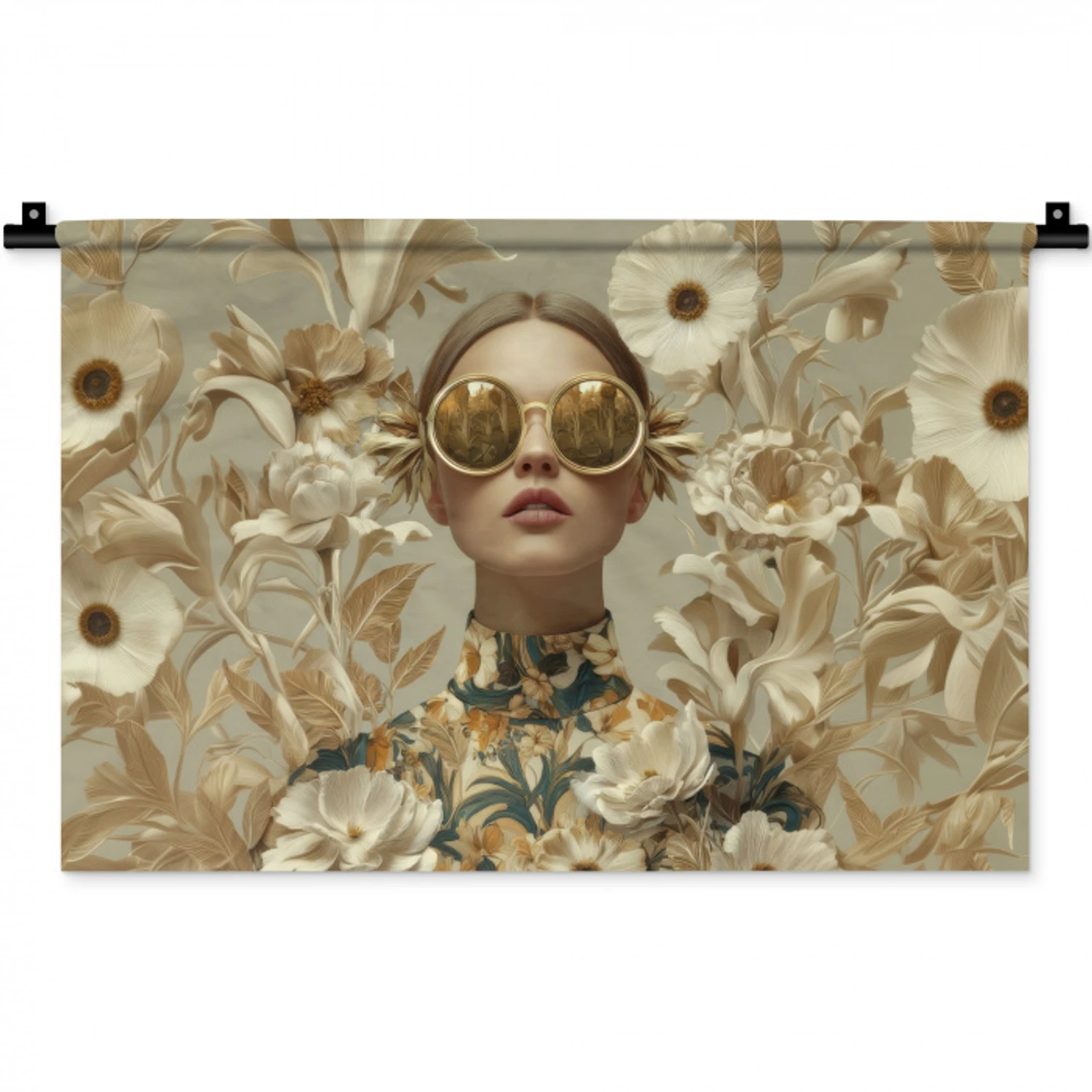 Vrouw - Bloemen - Zonnebril - Wit Wandkleed katoen klein -zz3d