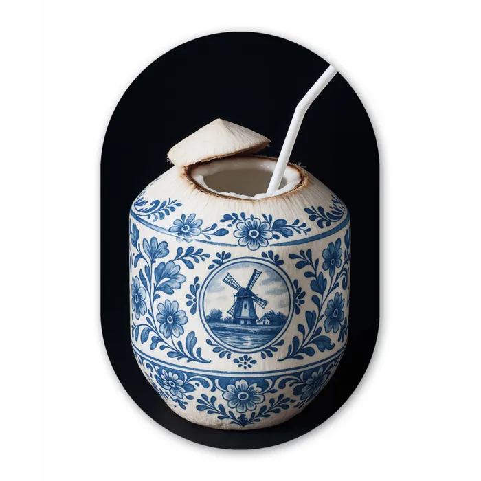 Kokosnoot - Eten - Delfts blauw - Drinken Wandcirkel Ovaal Glas middel -3d