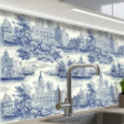 Huizen - Bomen - Water - Vogels - Blauw keuken achterwand 2 middel 865 -zzzz3d_schuin