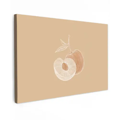 Perzik - Lijntekening - Pit - Beige Tuinposter op houten frame 2 cm dik klein -3d