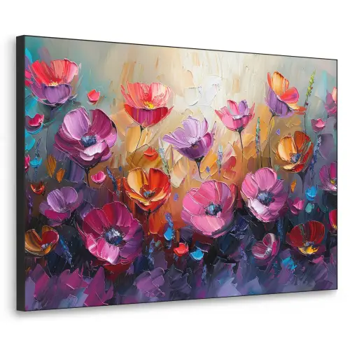 Bloemen - Paars - Kleurrijk - Handgeschilderd - Kunst Textielframe - compleet frame klein -3d