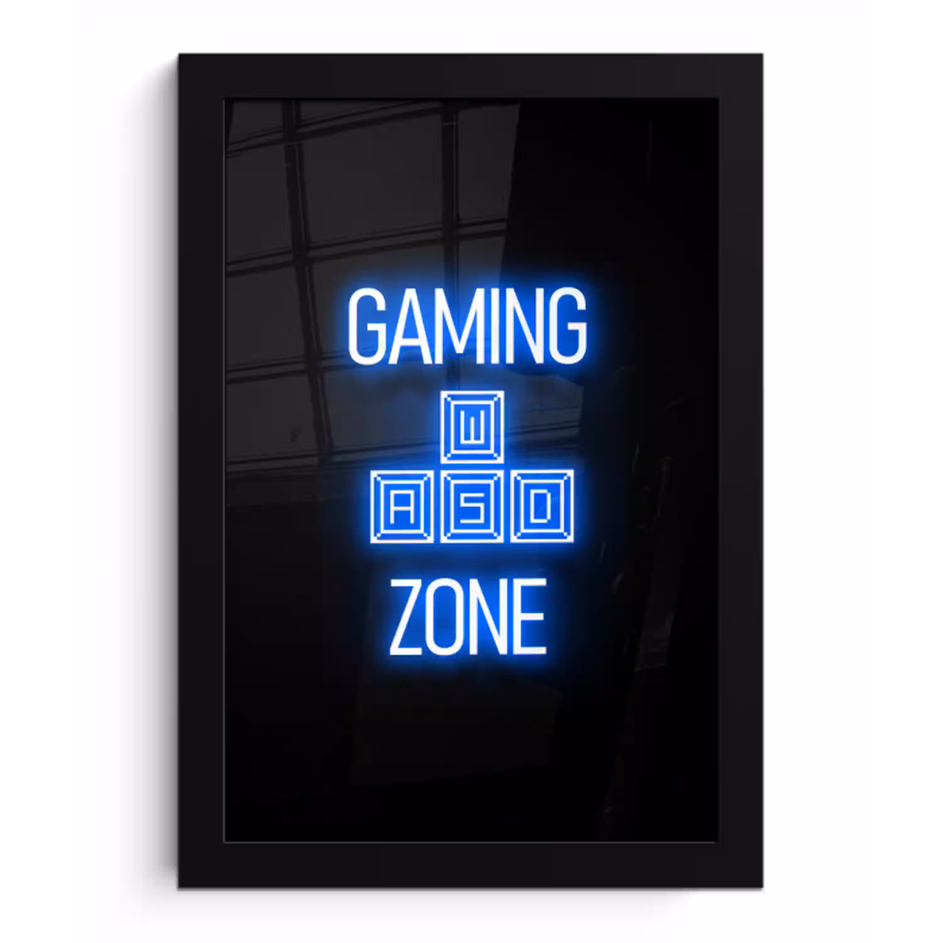 Gaming - Tekst - Gaming zone - Neon - Blauw fotolijst zwart zonder passe partout klein -3d
