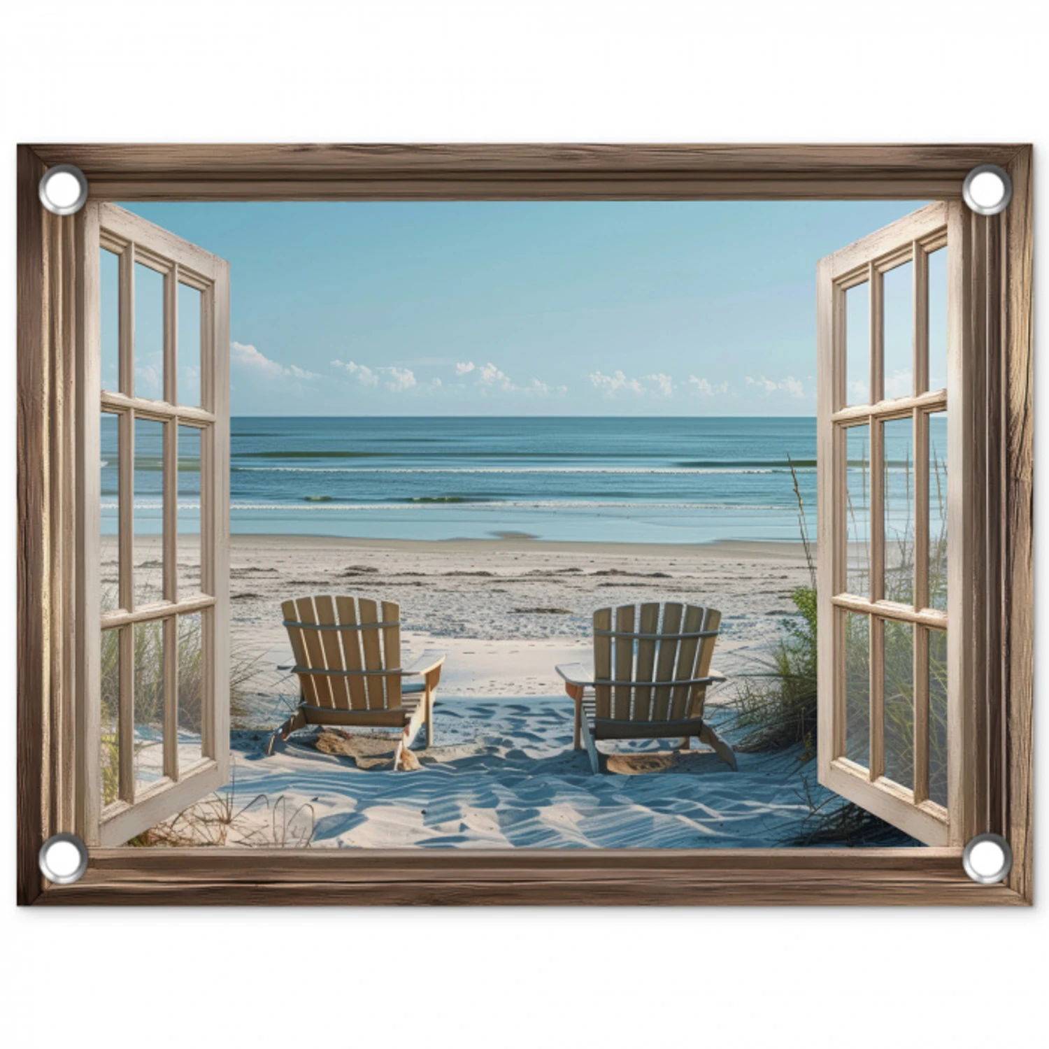 Doorkijk - Strandstoelen - Duinen - Zee - Natuur tuinposter los doek klein -3d