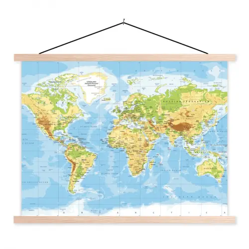 Wereldkaart - Staatkundig - Blauw - Aarde - Educatief textielposter latten blank klein -3d