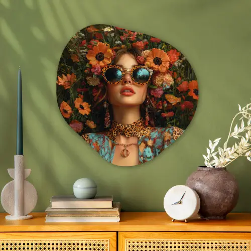 Vrouwen - Bloemen - Modern - Bril - Abstract Wandcirkel Organisch Plexiglas middel -sfeer2