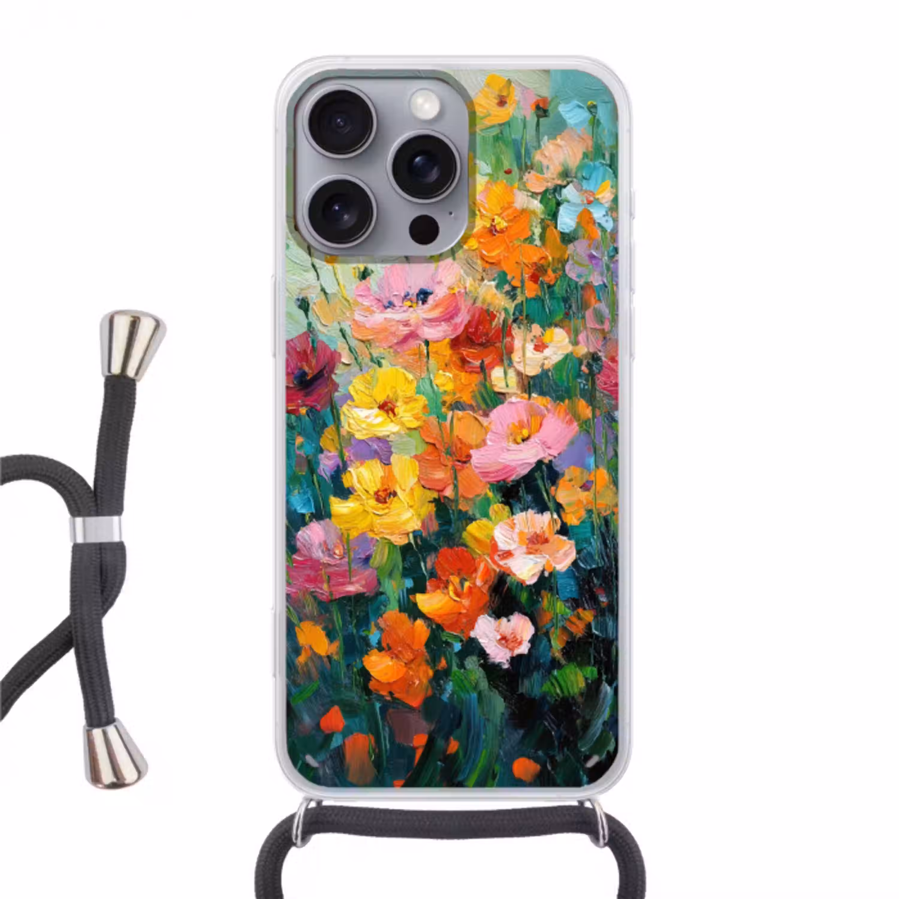 Bloemen explosie - Heldere kleuren - Vrolijk Hoesje iPhone 16 Pro Max met koord klein -3d