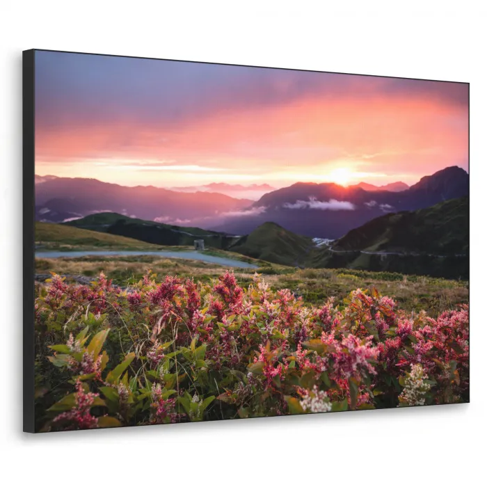 Bloemen - Bergen - Landschap - Nacht - Lucht - Roze Textielframe zwart klein -3d