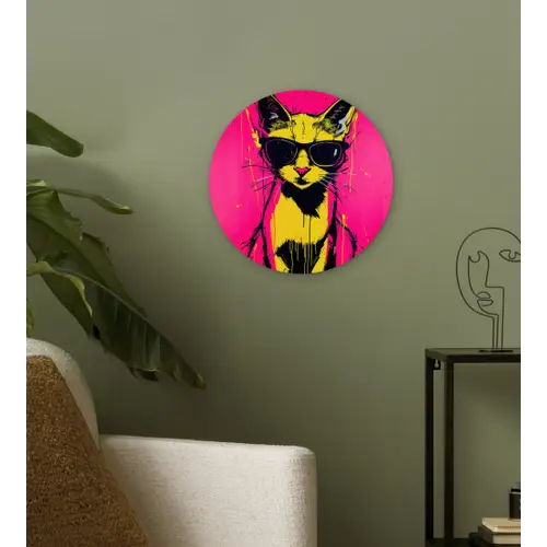 Kat - Art - Zonnebril - Roze Wandcirkel kunststof plaat 5mm dik klein -sfeer3