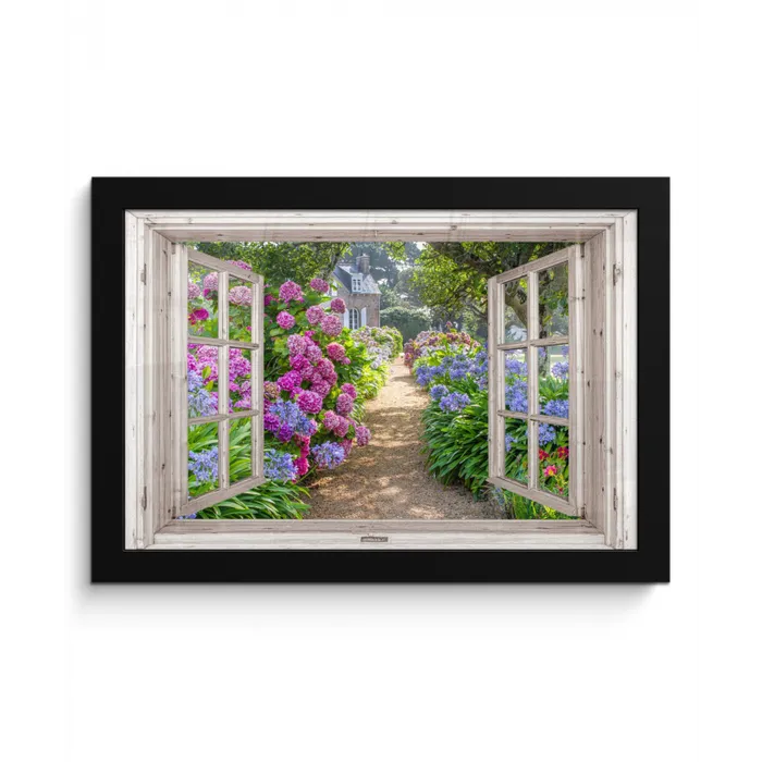 Hortensia - Doorkijk - Bloemen - Zomer - Paars - Pad fotolijst zwart zonder passe partout klein -3d