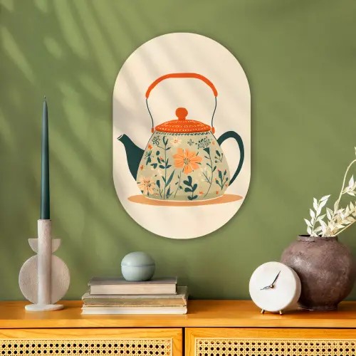 Oranje - Theepot - Bloemen - Bladeren Wandcirkel Ovaal Forex klein -sfeer2