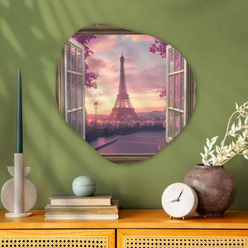 Doorkijk - Parijs - Eiffeltoren - Roze - Kersenbloesem Wandcirkel Organisch Aluminium middel -sfeer2