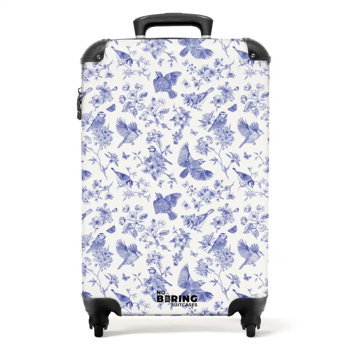 Klassiek vogel en bloemen patroon blauw met wit NBS - Handbagage koffer - Kinderen Unisex middel -productfoto_recht