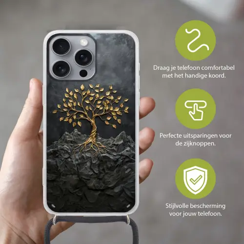 Bladeren - Goud - Boom - Rots Hoesje iPhone 16 Pro Max met koord klein -sfeer2_NL