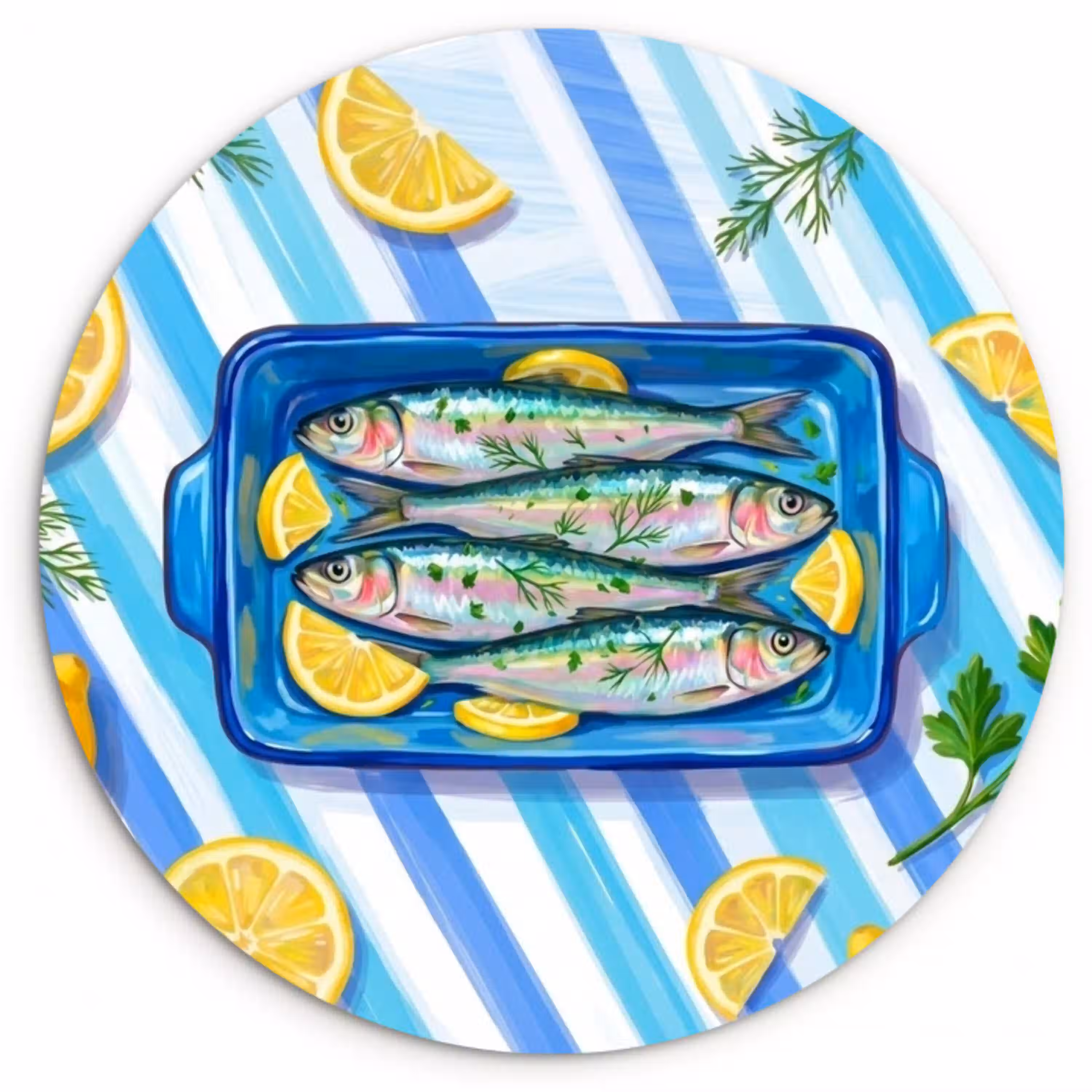 Vis - Citroen - Kruiden - Eten - Blauw Wandcirkel kunststof plaat 5mm dik klein -3d