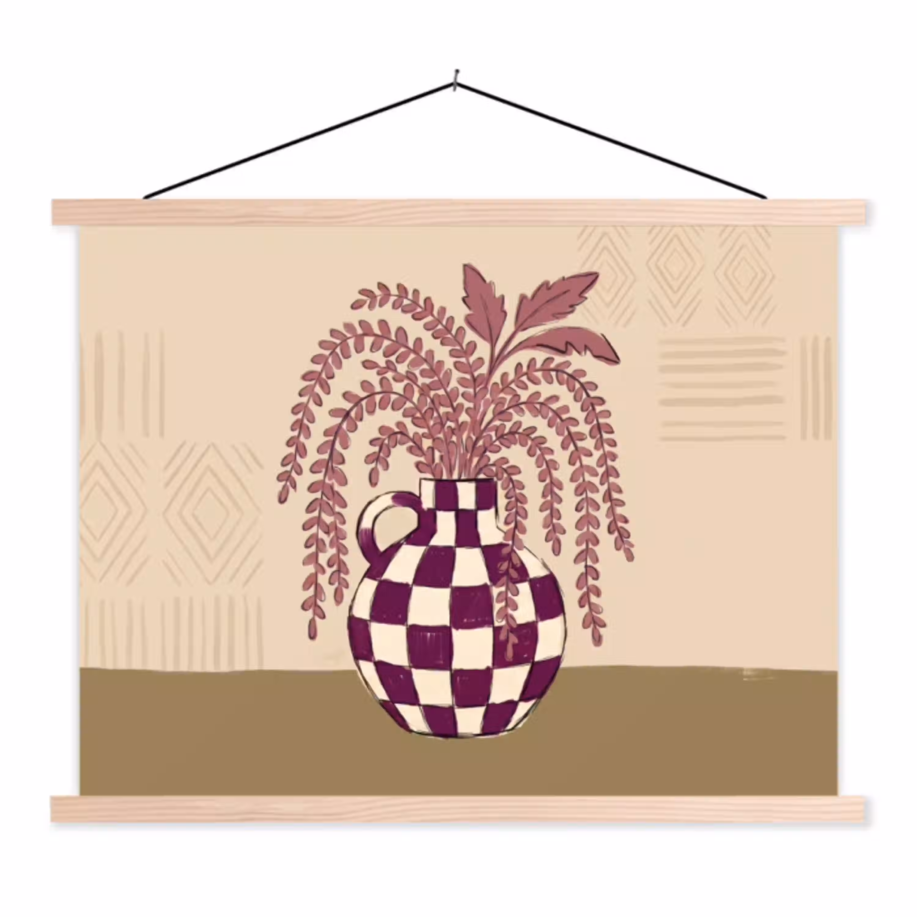 Vaas - Geruit - Planten - Modern - Paars textielposter latten blank klein -3d