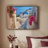 Santorini - Bloemen - Griekenland Textielframe zwart klein -sfeer1