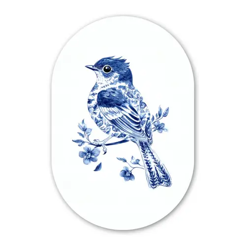 Vogel - Delfts blauw - Illustratie - Bloemen Wandcirkel Ovaal Glas middel -3d