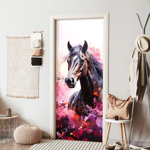 Paard - Dieren - Meisje - Roze deurposter klein -sfeer6