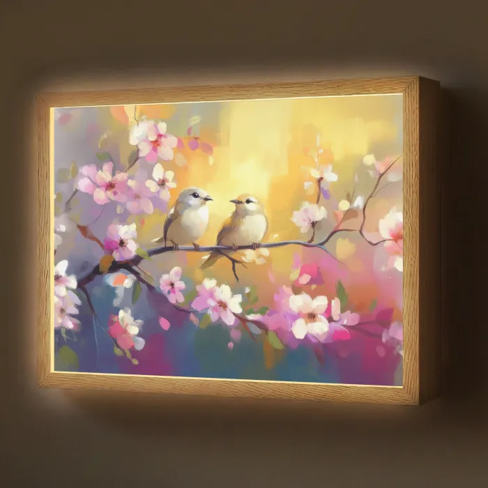 Vogels - Bloemen - Roze Light Box met batterij (Wandlamp) middel -z3d_website