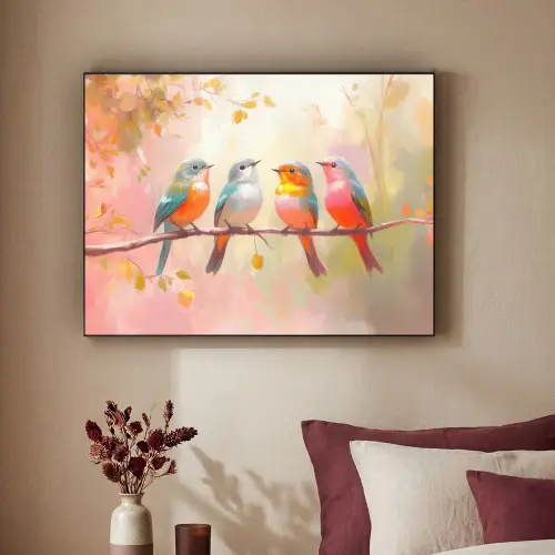 Vogels - Kleurrijk - Tak Textielframe zwart klein -sfeer1