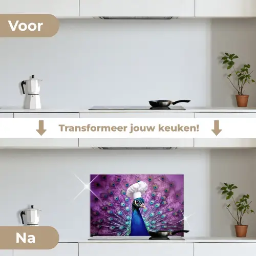 Pauw - Koksmuts - Cool - Paars keuken achterwand spatscherm klein -voor_na_NL