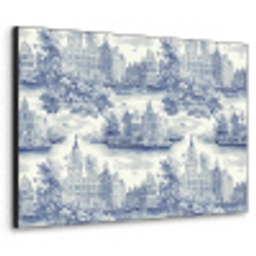 Huizen - Bomen - Water - Vogels - Blauw Textielframe zwart klein 947 -3d