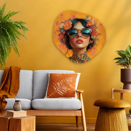 Vrouw - Bloemen - Aesthetic - Oranje Wandcirkel Organisch Aluminium middel -sfeer4
